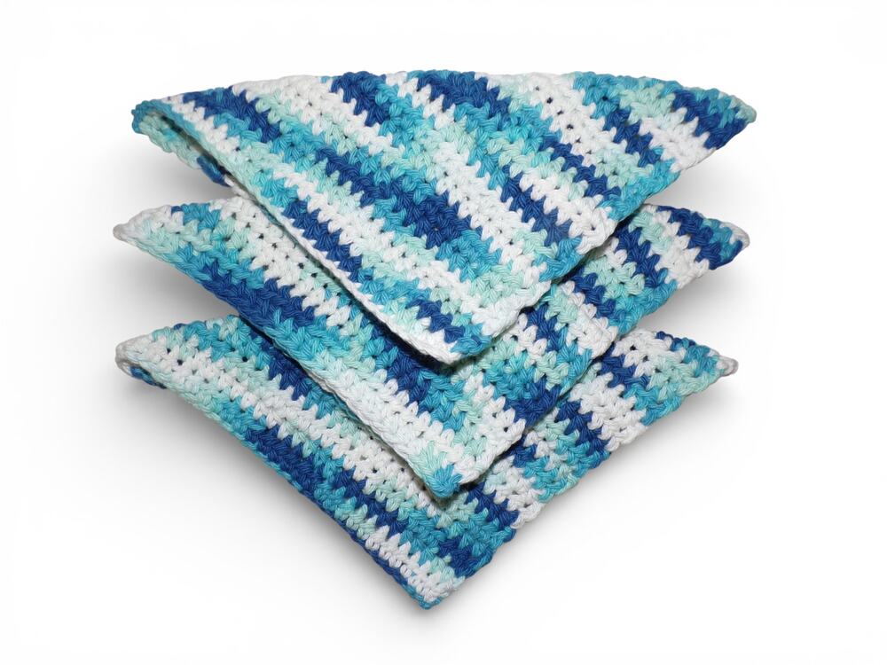 (3) Handmade Crocheted Dishcloths Washcloths 100% Cotton Blue Turquoise White